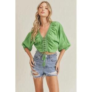 LUSH Set Sail Lace Up Blouse - Green | Women’s sz Small -NWT